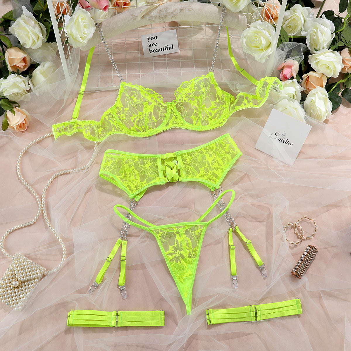 Ins Mesh Embroidery Hanging Chain Garter Socks Hollow Cross Erotic Lingerie Four-Piece Set - ELITA IMPERIA INC.