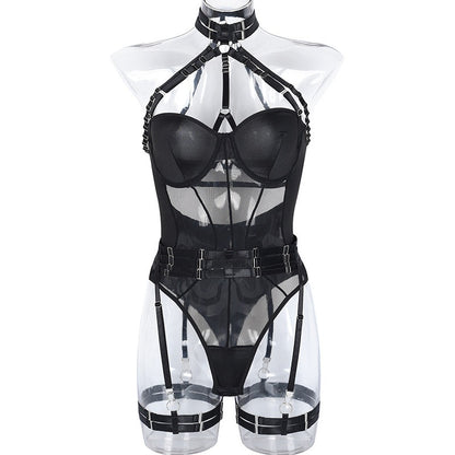 Erotic One-Piece Ins Mesh Straps Spliced Heavy Craft Hanging Neck With Leg Rings Underwear - ELITA IMPERIA INC.