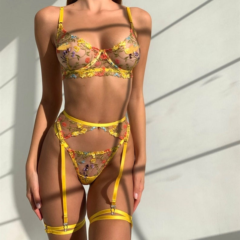 Sexy See-Through Yellow Garden Floral Bra Garter Belt Thong With Leg Ring 3-Piece Erotic Underwear Set - ELITA IMPERIA INC.