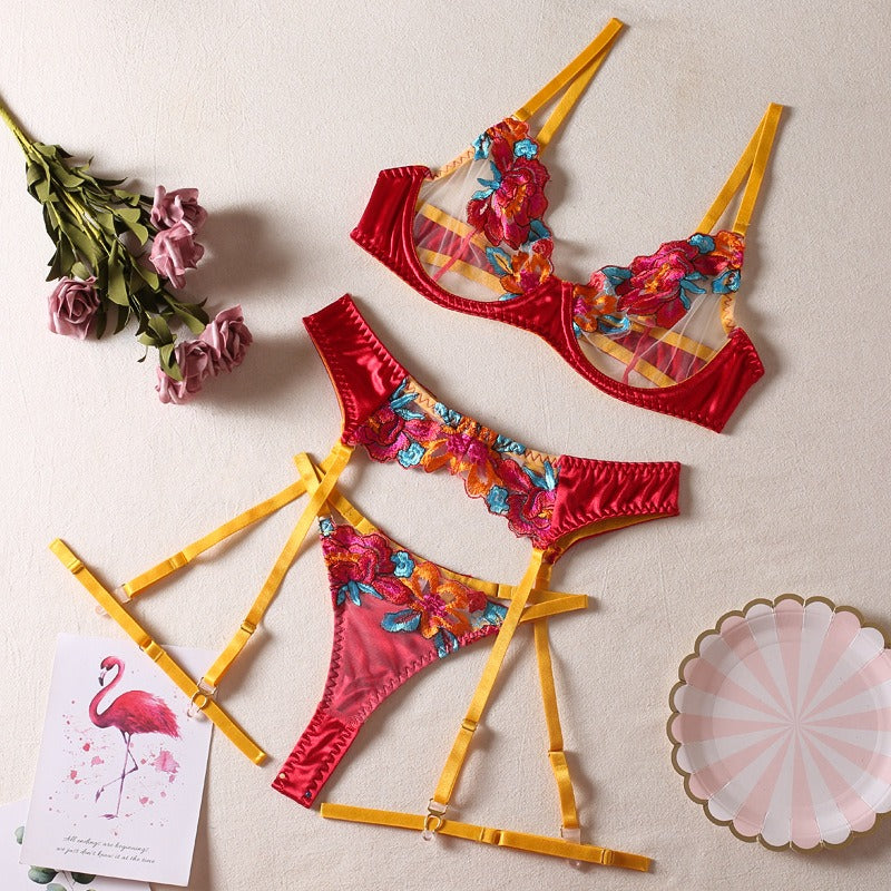 Sexy Colorful Embroidered Large Flowers With Steel Ring Bra Garter Belt Leggings Thong Erotic Underwear 4Pcs Set - ELITA IMPERIA INC.